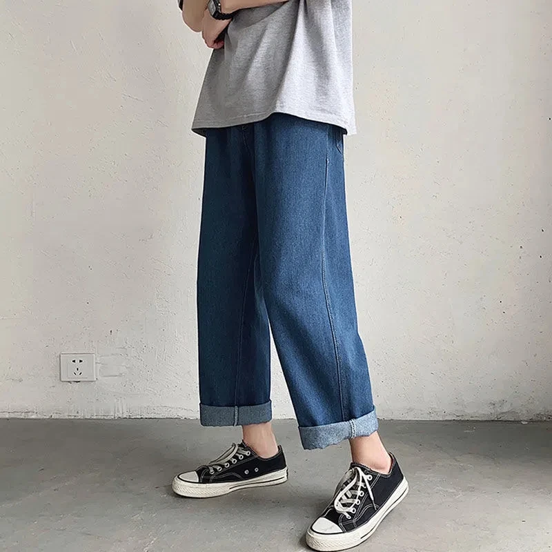 Korean Fashion Men Wide Leg Cropped Pants Jeans Autumn Streetwear Straight Baggy Denim Pants Male Trousers Baggy Jeans Boyfriend