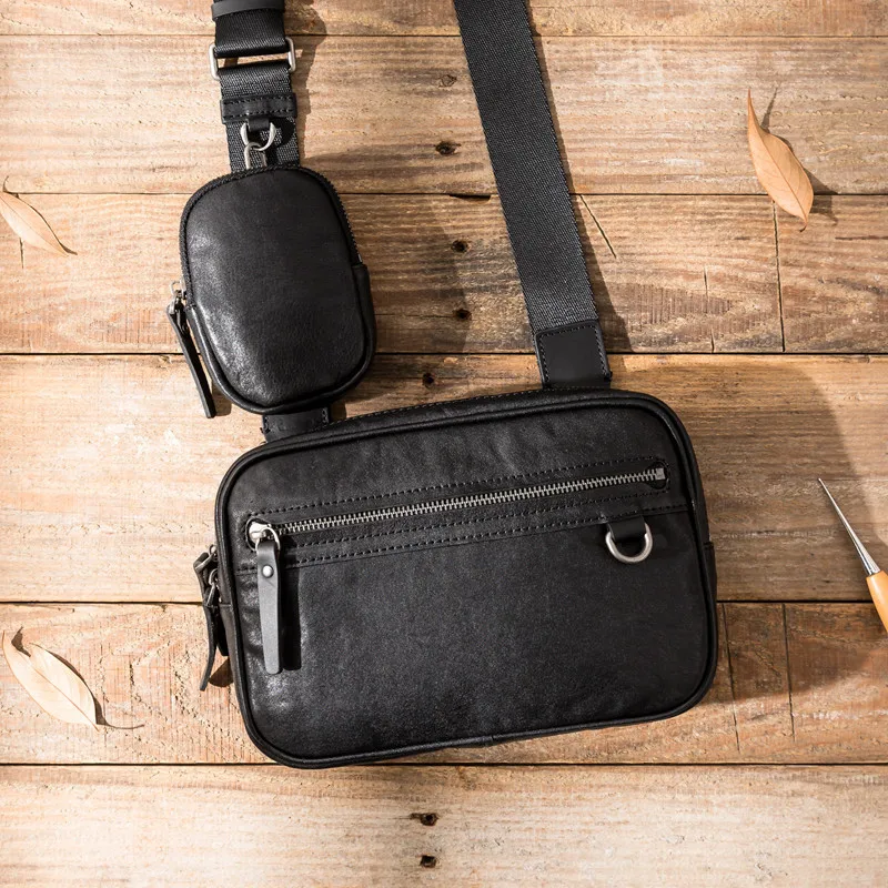 Simple fashion designer natural first layer cowhide men's black shoulder bag outdoor daily work soft cowhide light crossbody bag