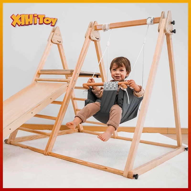 

XIHATOY Pikler Triangle Foldable Wooden Climbing Triangle Ladder Slide Sliding Climbing Toddlers Gym Montessori Climber Toy