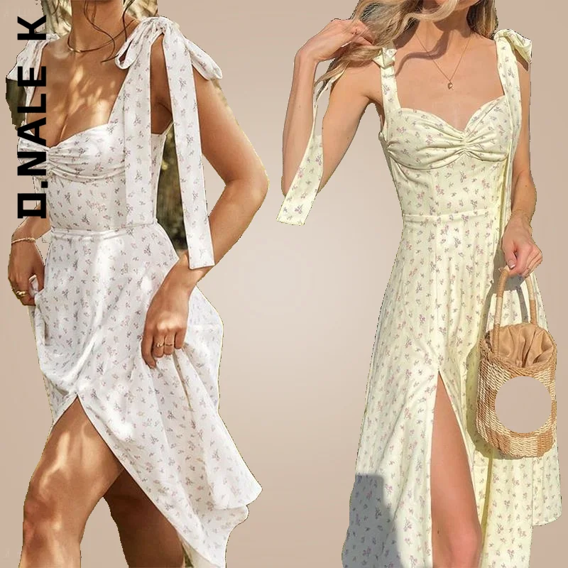 

D.Nale K Summer Backless Pleated Slit White Floral Dress Women's Sexy Casual Fashion Sundress Midi Slip Yellow Lace-up Flowers