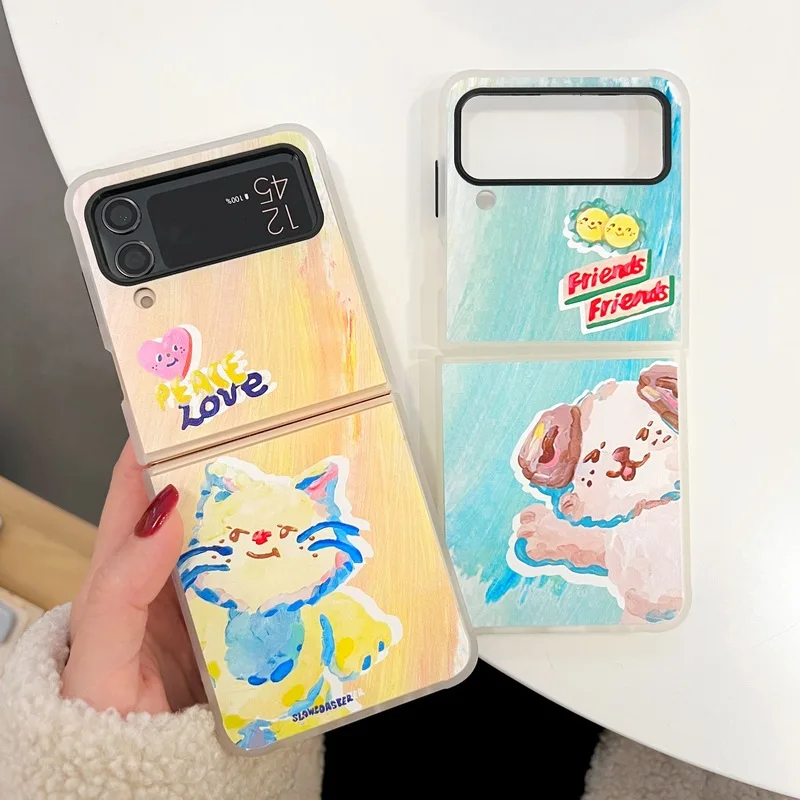 Watercolor Cartoon Cat Puppy Phone Case for Samsung Galaxy Z Flip 4 3 Hard Cover for ZFlip3 Zflip4 Solid Shell Bracket