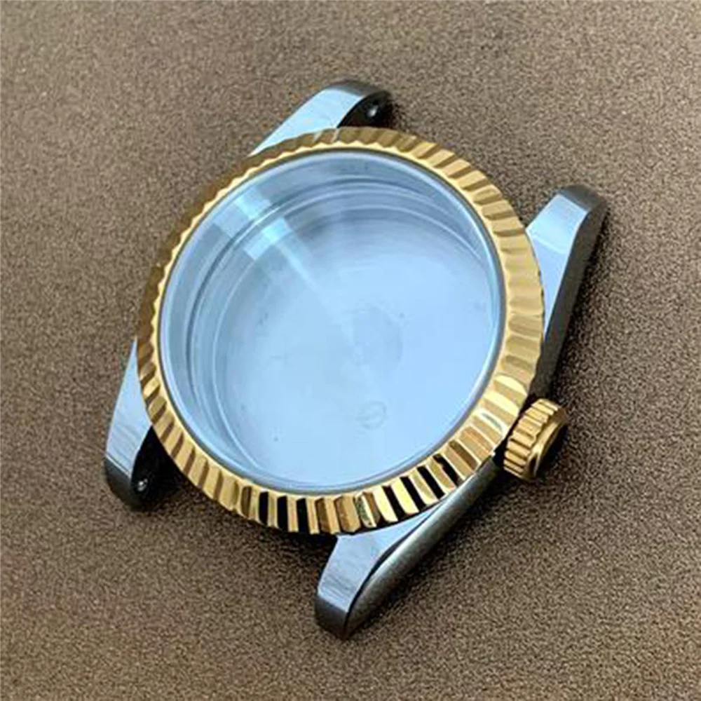 

36mm Gold Stainless Steel Watch Case Sapphire Mirror Tooth Ring Aperture Ring Case for NH35/NH36/4R Automatic Movement