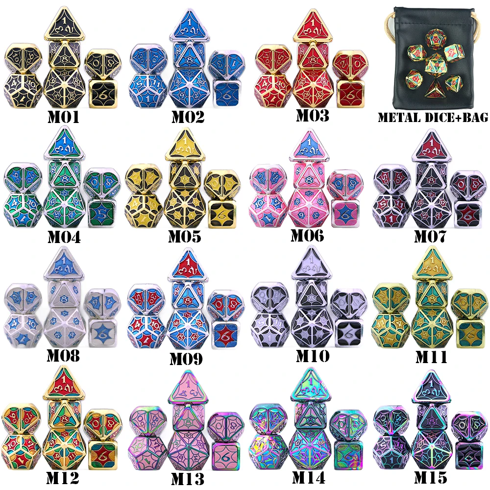

Top Grade Shiny Dice Set Metal 15 Colors +1pc Bag D4 D6 D8 D10 D12 D20 for Role Playing DNDGame RPGs Board Game As Gift