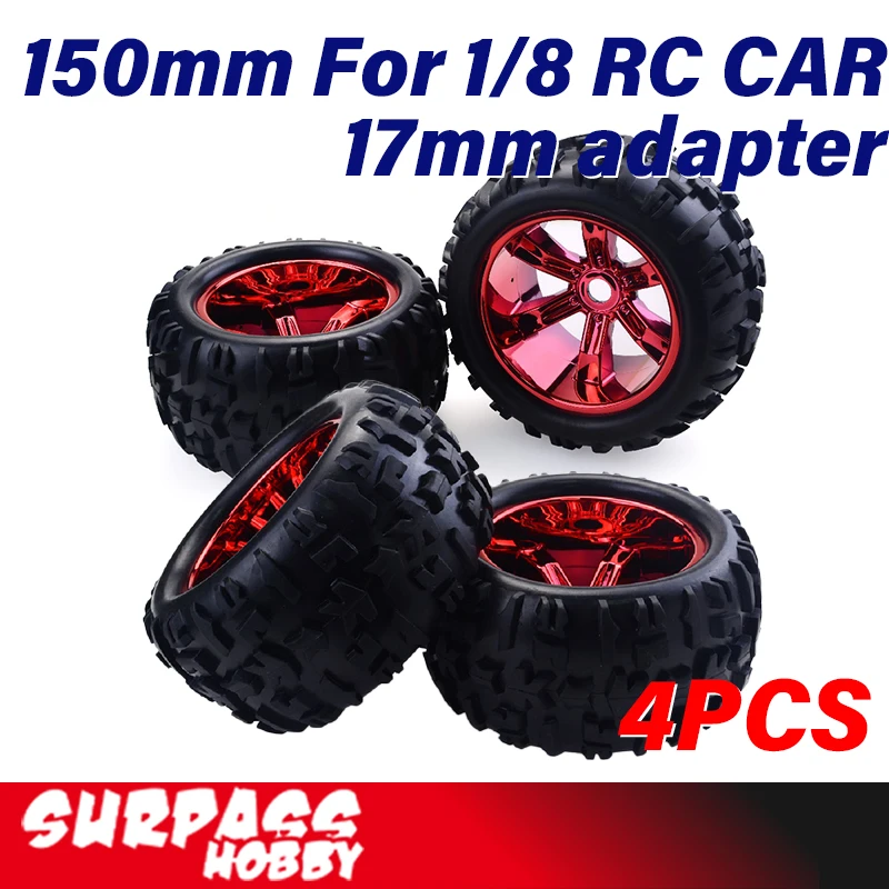 4Pcs 150mm RC Car Wheel Rim Wheels Tires 17mm Hex Glue Hub Red Orange for 1/8 Monster Truck HSP Off Road HPI RC Car Accessories