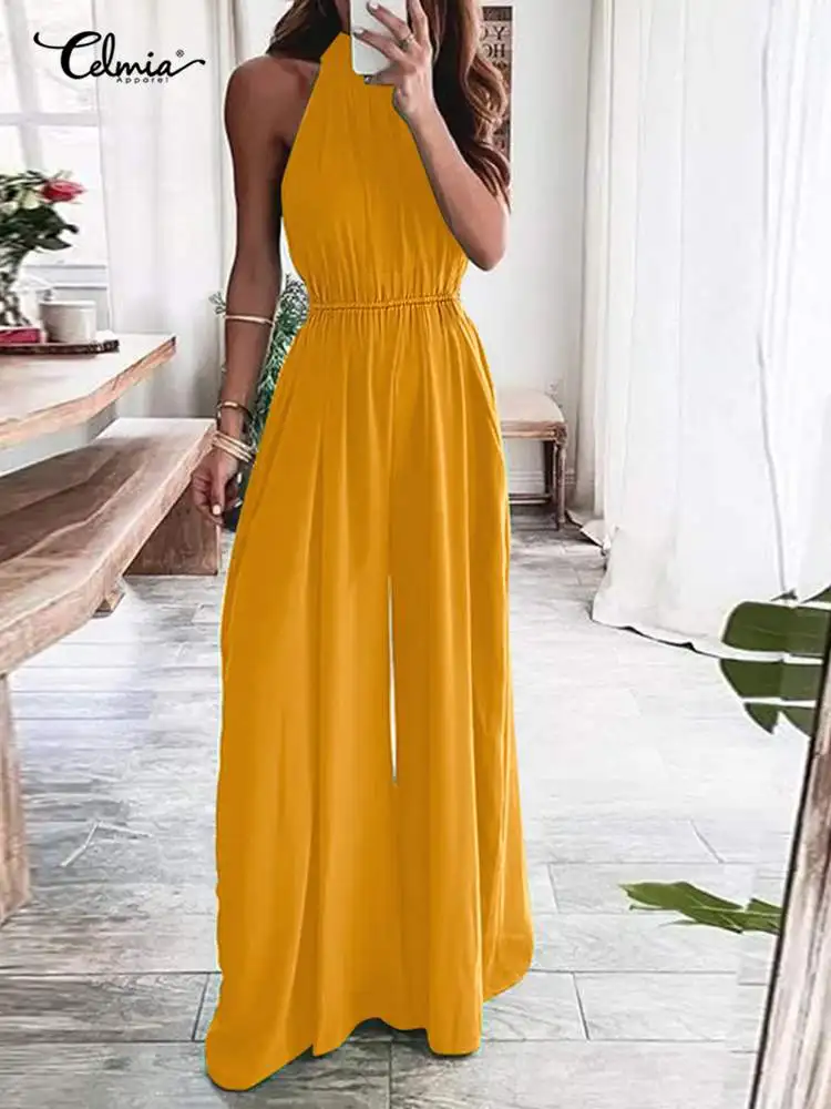 

Summer Women Halter Jumpsuits Celmia 2022 Casual Loose Sleeveless Solid Playsuits Fashion Waisted Pleats Office OL Long Overalls