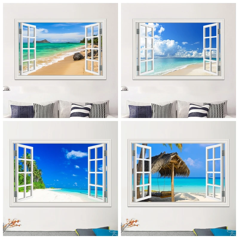 Beach Landscape 3D Window View Wall Sticker Nature Summer Seaside Removable Sticker Vinyl Decal Aesthetic Wallpaper Room Decor
