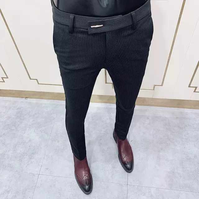 

NEW IN Fashion Striped Suit Pant Elegant Slim Fit Social Trousers Pants High Quality Men Business Office Party Dress Ankle Pants