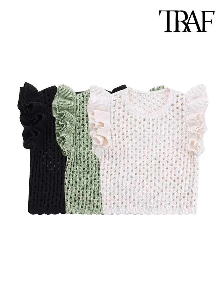 

Women Fashion With Ruffled Chenille Knit Vest Sweater Sexy Sleeveless O Neck Female Waistcoat Chic Tops
