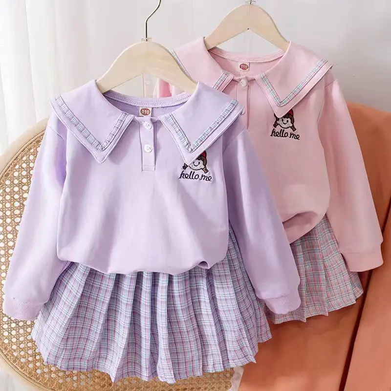 

Girls Jk Uniform Sets Spring and Autumn Clothes Suits Children Sweet Polo Long Sleeve Top&checkered Pleated Skirt 2Pcs Outfits