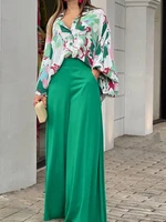 summer womens two piece sets elegant long puff sleeve shirt wide leg pants female suits 2022 print loose casual trouser suit