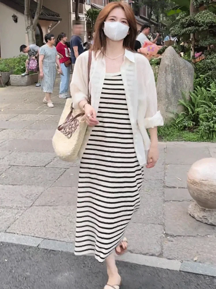 Thin Back Slit Sunscreen Shirts Women Summer 2024 New Stripe Vest Dress Outdoor Cardigan Two-piece Set