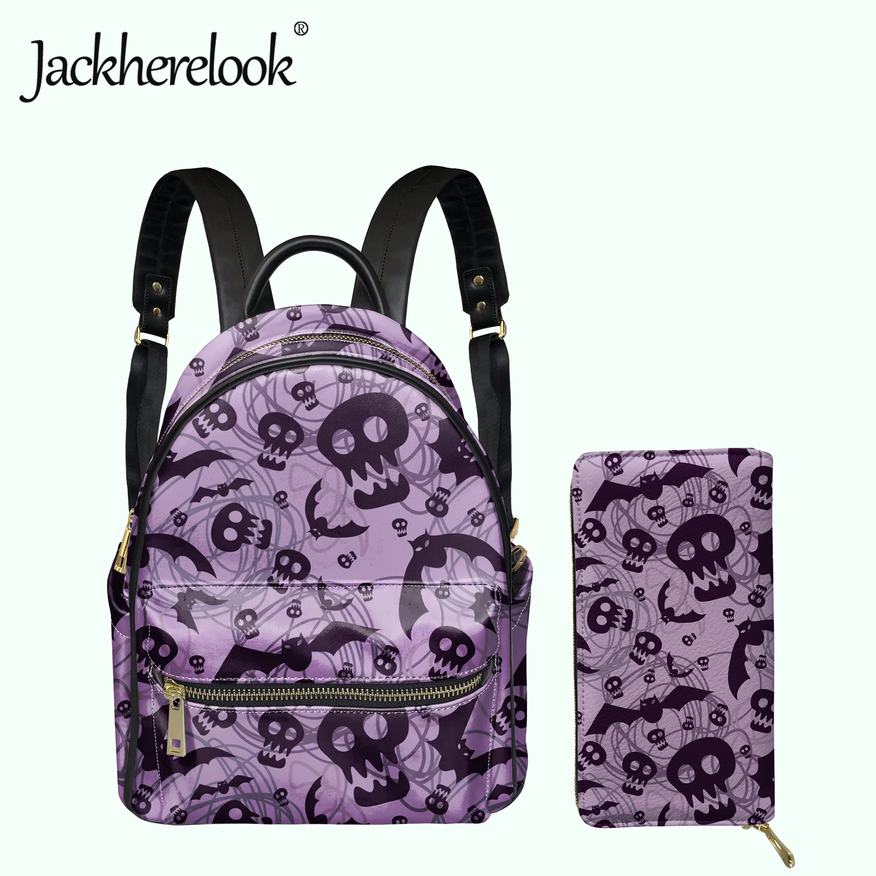 

Jackherelook 2 шт./компл. женский рюкзак с забавным рисунком черепа роскошный школьный портфель из искусственной кожи и модный кошелек для девочки...