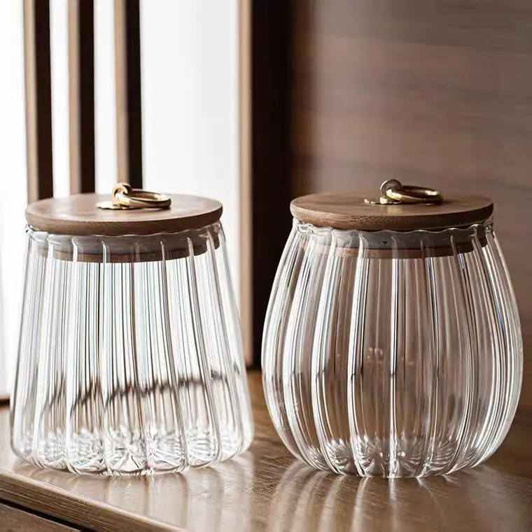 Food Container Kitchen Storage Bottles Jar Glass Airtight Canister Grains Tea Coffee Beans Grains Candy Jars Wood Lid Containers