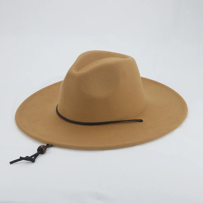 

Hat Fedoras Women Men Big Brim 9.5cm Windproof Rope Women's Hats Western Cowboy Khaki Street Panama Fedora Sombreros De Mujer