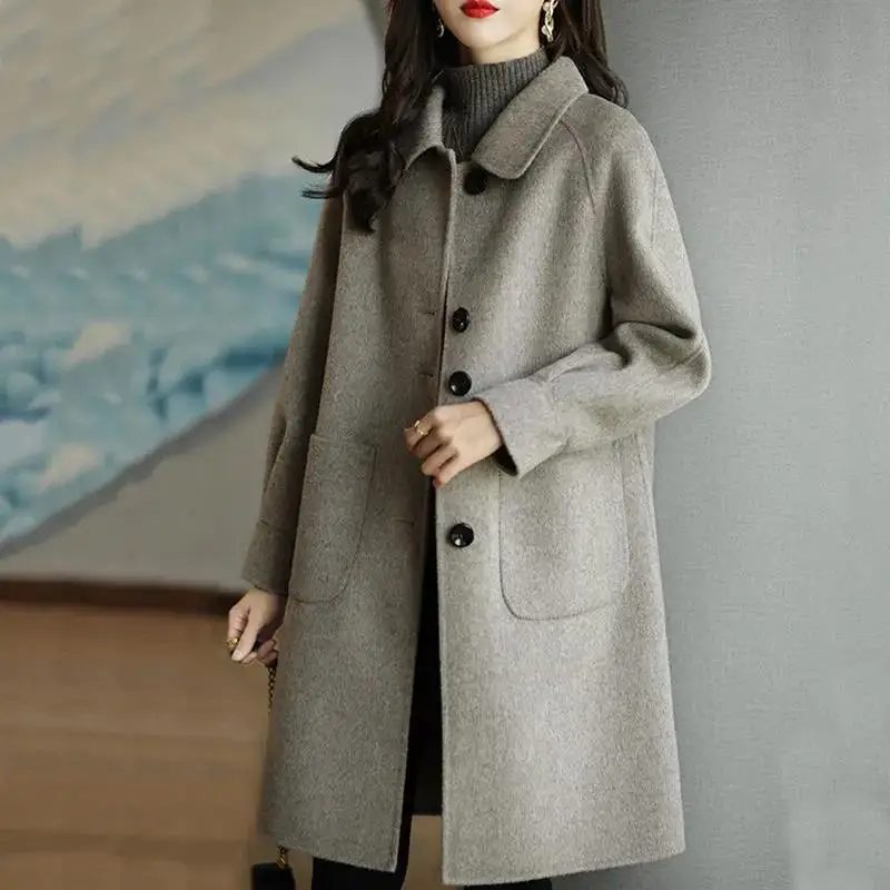 

Женское шерстяное пальто, однотонное повседневное приталенное пальто средней длины с лацканами, Корейская версия, Осень-зима 2022