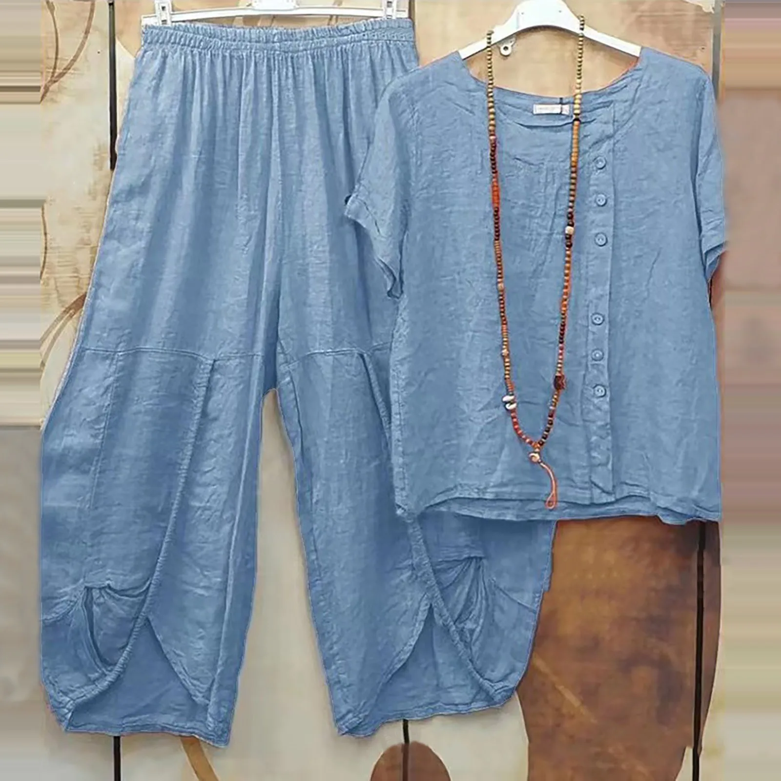 

Футболка и штаны однотонные льняные с поясом, комплект из 2 предметов, блузка с асимметричным подолом и брюки-фонарики, уличная одежда, на лето