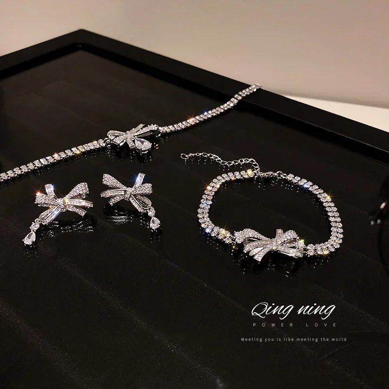 

925 Silver Needle Korean Fashion Micro Set Zircon Bow Earrings Bracelet Necklace Design Sense