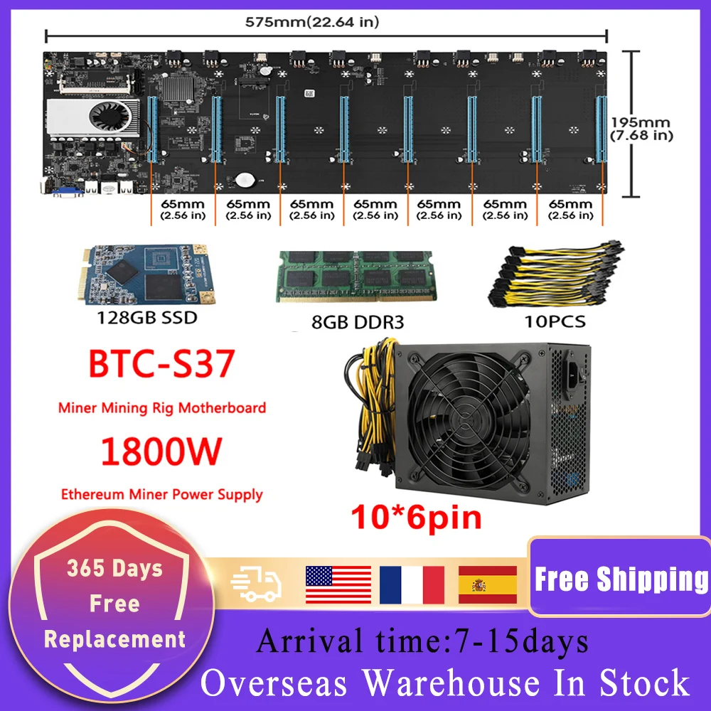 

Набор материнской платы для майнинга BTC T37 D37 S37 4/8 ГБ DDR3 128 ГБ MSATA SSD поддержка 10*6 контактов 1800 Вт PSU 8GPU графическая карта Риг для майнинга биткои...
