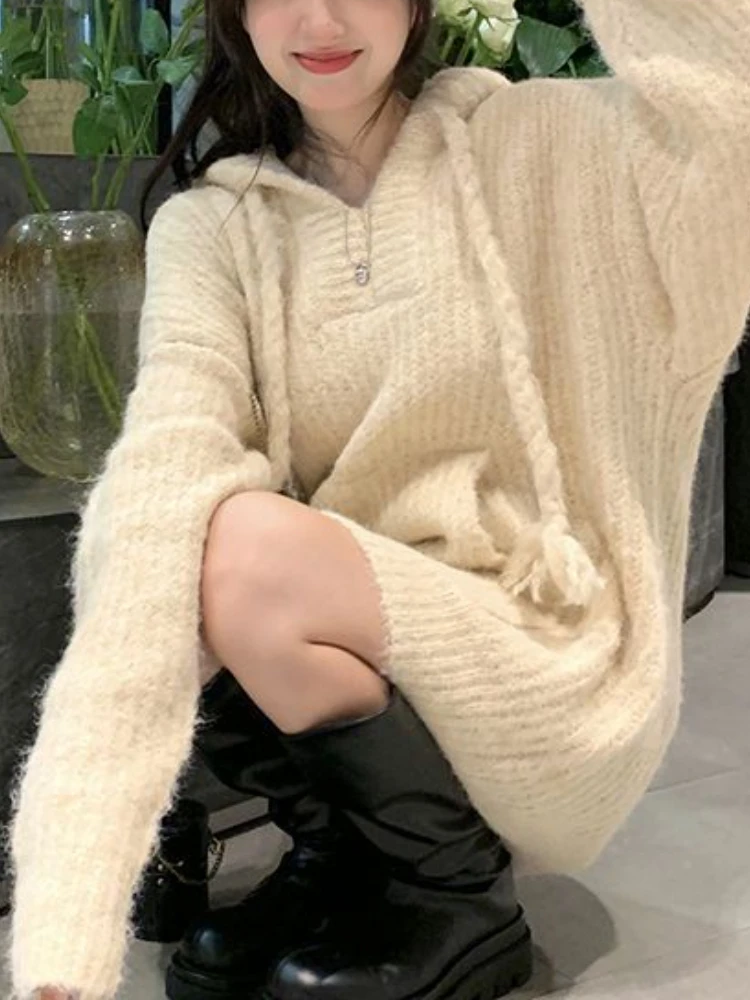 

Vintage Knitted Sweater Women Autumn Solid Casual Hoodie Pullover Sweater Female High Street Pocket Designer Korean Sweater 2022