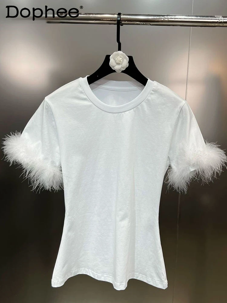 

Новинка 2022, модная женская одежда на осень и зиму, топ с круглым вырезом и короткими рукавами, с отделкой мехом и высокой талией