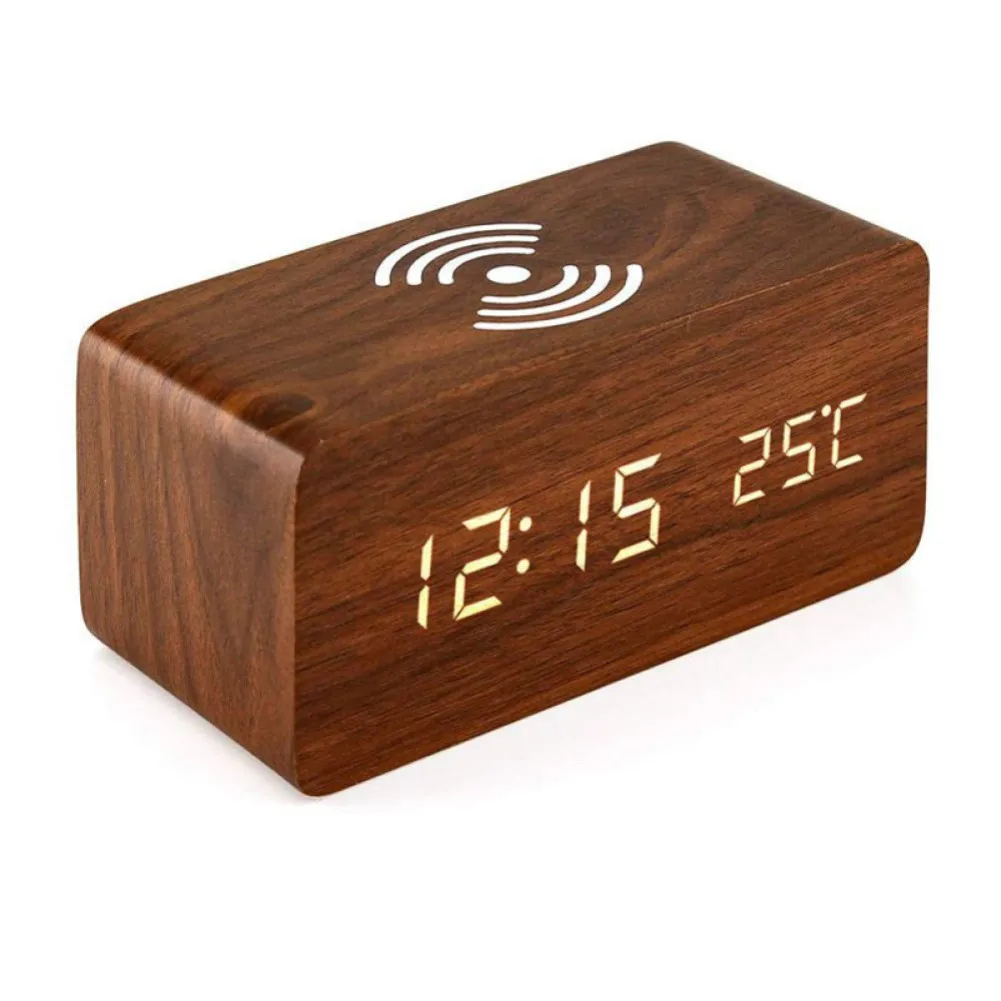 

LED Digital Alarm Clocks Qi Wireless Charging Pad Wood Sound Control Function Watch Desktop Electronic Clock Despertador