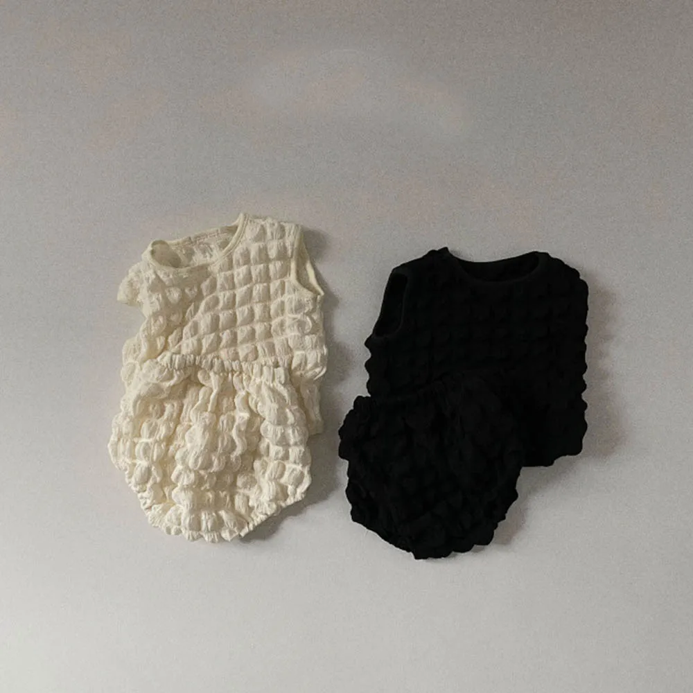 

Kids Sets Clothes 2022 Summer New Girl Bubble Plaid Casual Fluffy Vest + Shorts Solid Color 2pcs Cotton Girl Outfits 6M-2Years