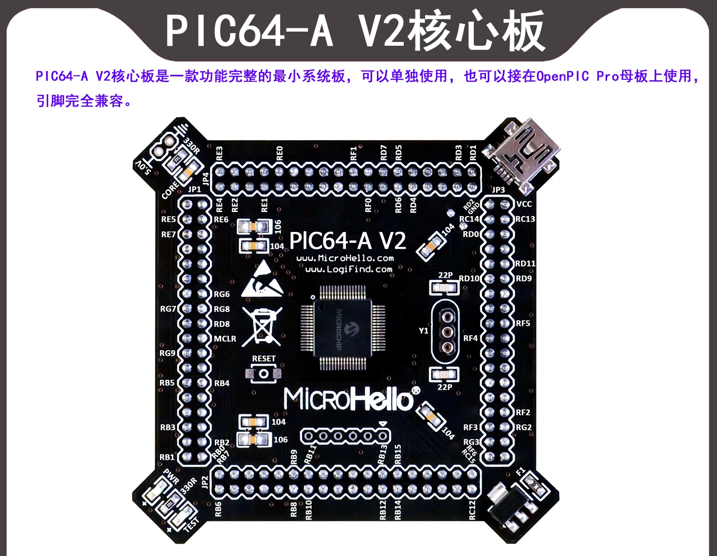 

Pic64-a V2 core board с чипом dspic33fj128mc506a подходит для платы openpic Pro