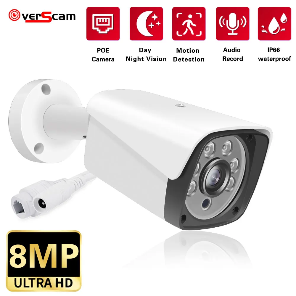 

H.265 Ultra HD 4K 8MP POE IP Camera 3840X2160 AI Audio Record Motion Detection Outdoor CCTV Video Security Surveillance Camera