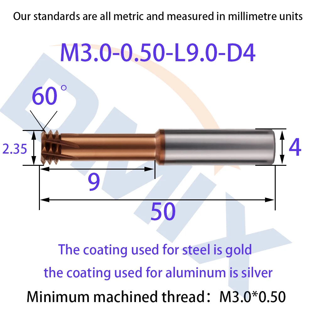 DMIX HRC65 режущая головка с тремя зубьями, обработка алюминия, обработка стали, фреза для резьбы из сплава вольфрамовой стали