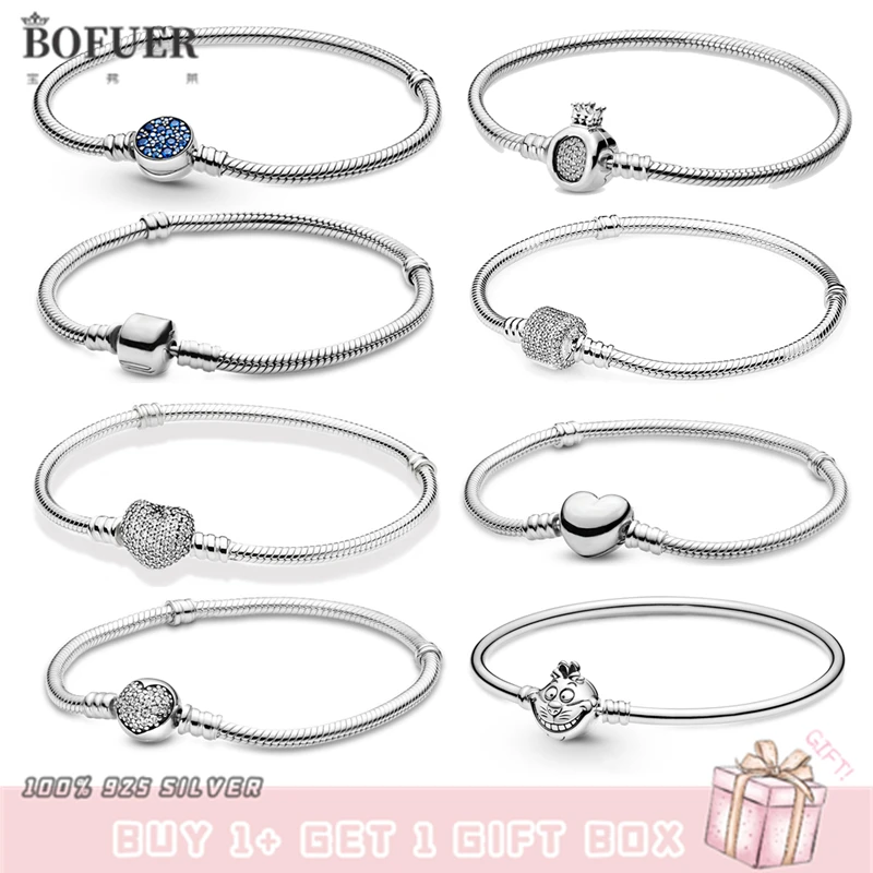 

2022 BOFUER 925 Silver Color pan Snake Chain Basic Bracelets Simple Bangle Fit Original Charms DIY Jewelry Gift Box For Women