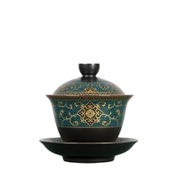 golden silk enamel sancai cover bowl ceramic tea bowl single household tea bowl mug with saucer for tea ceremony