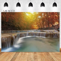 laeacco autumn waterfall stone lake golden maple leaf nature scenery backdrop outdoors vacation portrait photography background