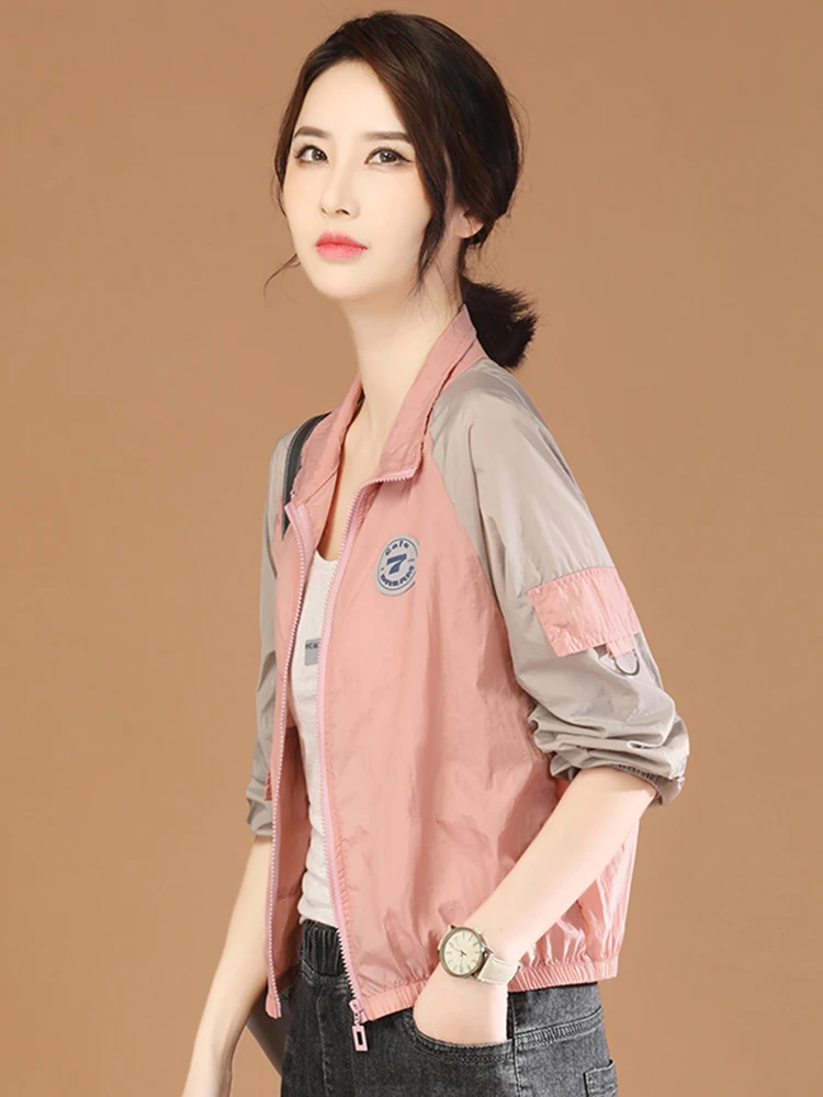 

HCXR Women Jacket 2023 Summer Long Sleeve Zip-up Stand Collar Patchwork Thin Jacket Splicing Contrasting Sun Protection Outwear