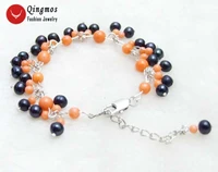 qingmos 5 6mm round natural black pearl bracelet for women with 3 6mm round pink coral bracelet 7 9 fine jewelry