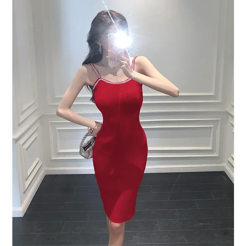 2024 Summer Women's Fashion Rhinestone Embellished Tank Dress Sexy Waist-Fitted Knit Korean Style With Backless Design