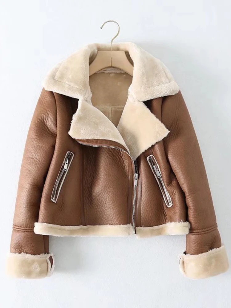 

Winter Coat for Women 2023 Faux Leather Jacket Fur Short Thickened Loose Retro Lapel Coat Streetwear Warm Motorcycle Suit Female