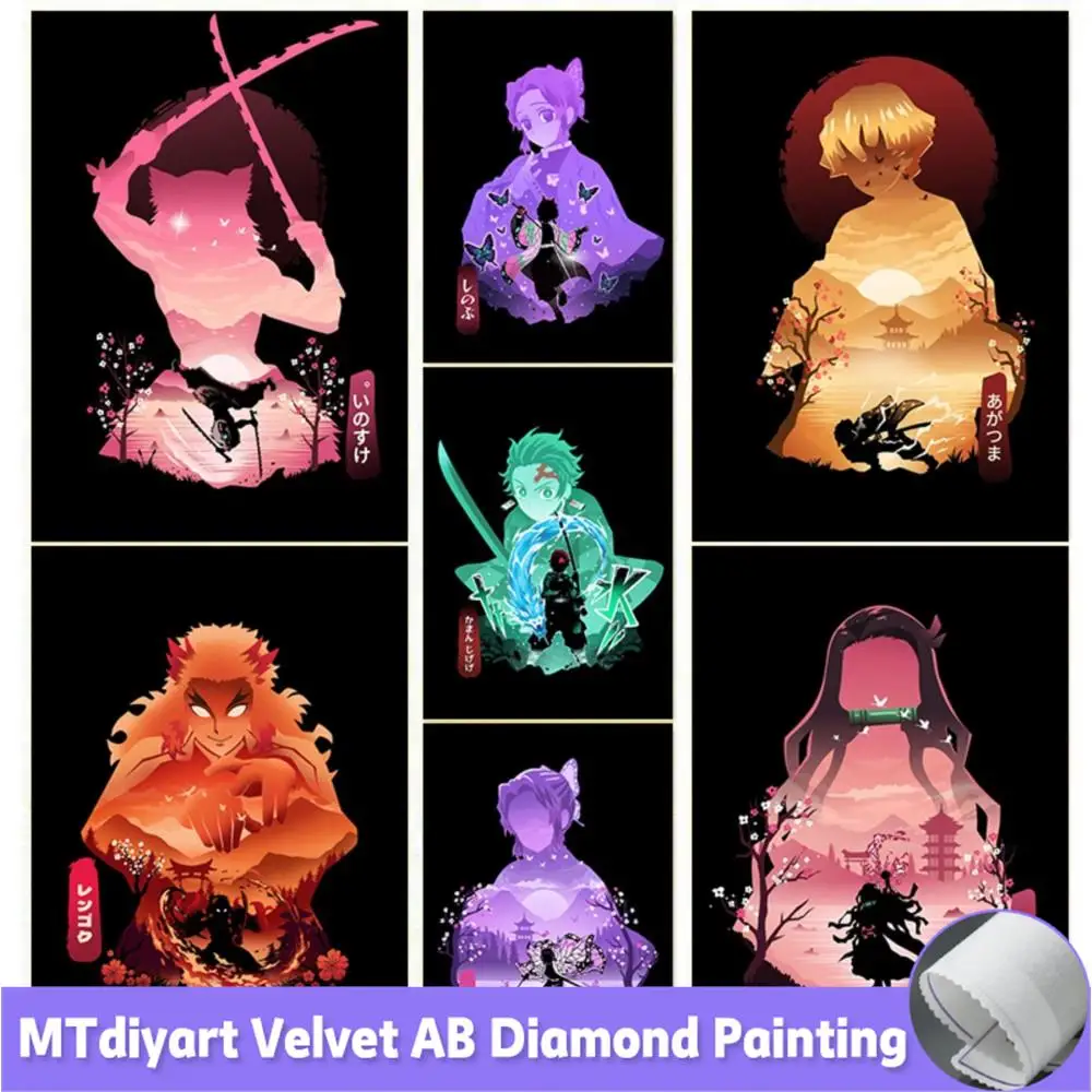 

AB DIY Demon Slayer Art Diamond Painting Kits Japanese Anime Velvet Canvas Kamado Tanjirou Full Drill Mosaic Modern Home Decor