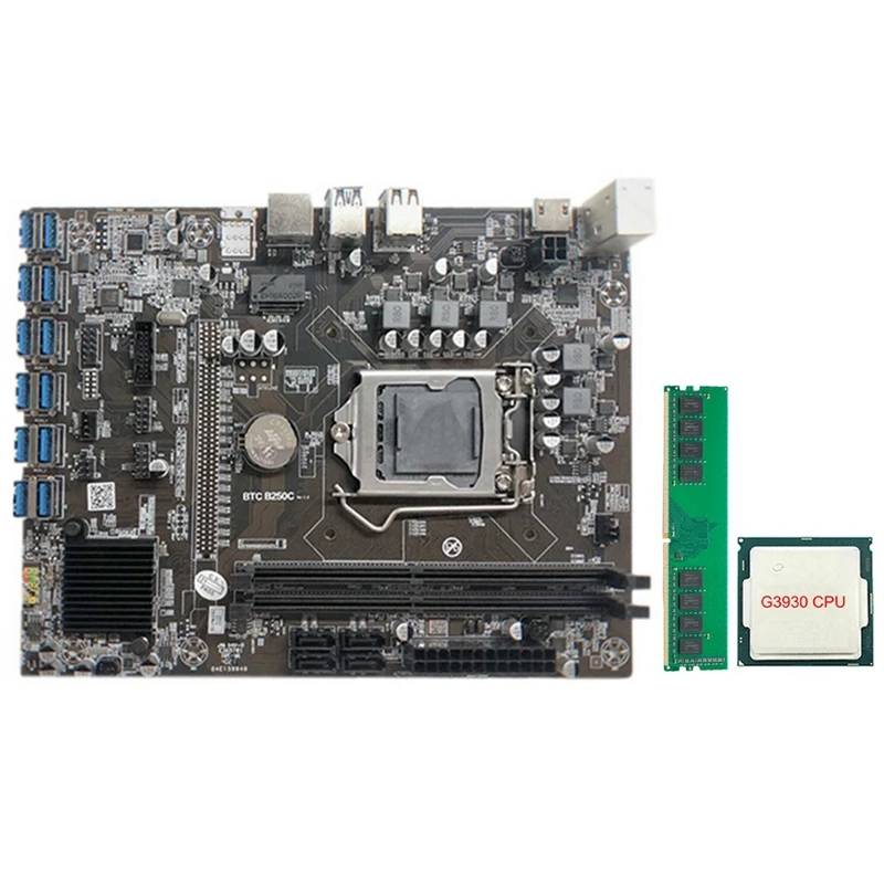 

Материнская плата для майнинга B250C с процессором G3930 + 1XDDR4 8G 2666 МГц ОЗУ 12xpcie на USB3.0, слот для карты, плата для BTC