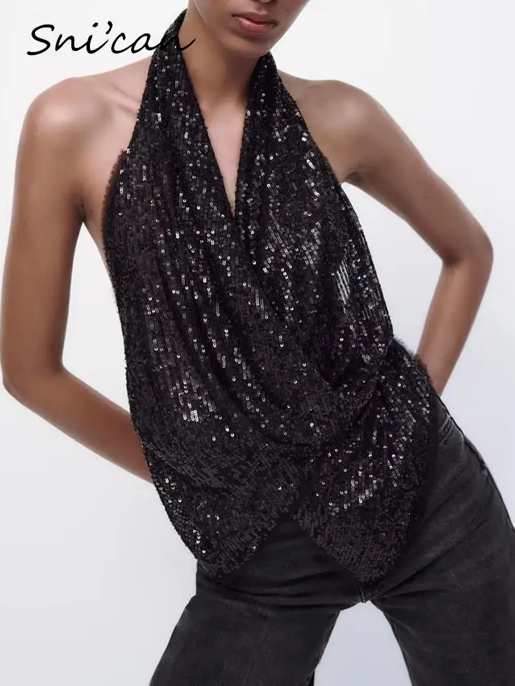 

Sequined Halter Sexy Tops Women Fashion Summer Sleeveless Backless Female Blouse chemise femme Party Club Blusas Mujer Snican