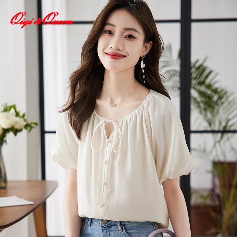 

Женская рубашка Qiqi & queen, летние топы, офисные повседневные корейские свободные блузки с коротким рукавом, Женская винтажная шифоновая блузка на шнуровке с бантом