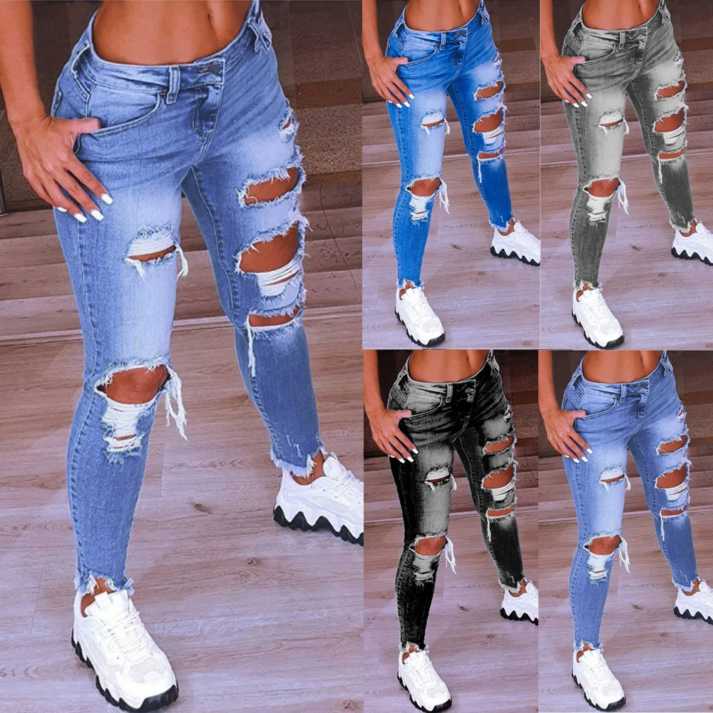 

2022 new European and American Low Waist Hip Raise Jeans Ripped Stretch Jeans pants for women
