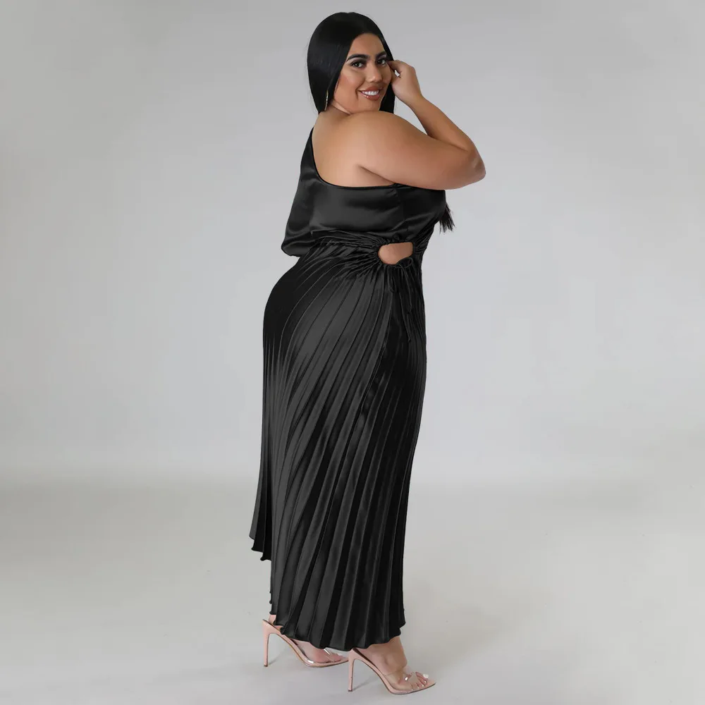 Plus Size Women Clothing Elegant Chic Women Dresses Party Dresses Solid Slim Fit Mid-Calf Office Lady Evening Dresses Pleated
