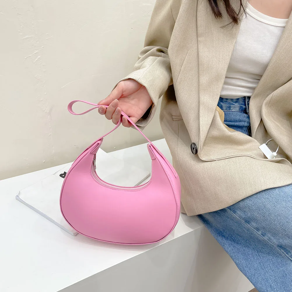 

Fashion Women Handbags Solid Color Simple Armpit Bag for Ladies Semicircle Tote Shoulder Purse Half Moon Shaped for Travel Daily