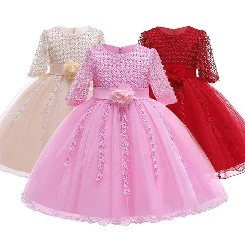 

2022 Christmas Dress Beading Formal Elegant Wedding Gown Princess Dresses Flower Evening Kids Party For Girl Children Clothing