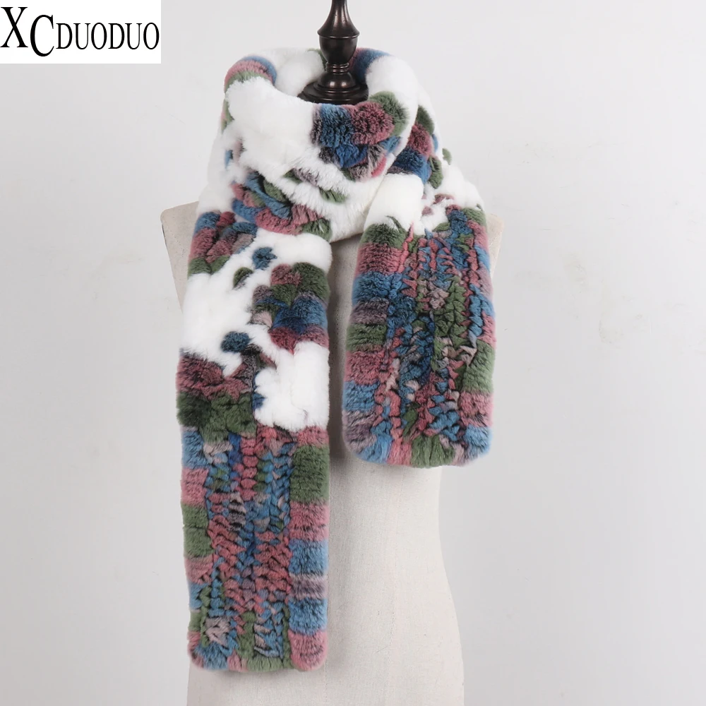 

Hot Sale Winter Women Knitted Real Rex Rabbit Fur Scarf Natural Warm Rex Rabbit Fur Scarves Lady Quality 100% Real Fur Muffler