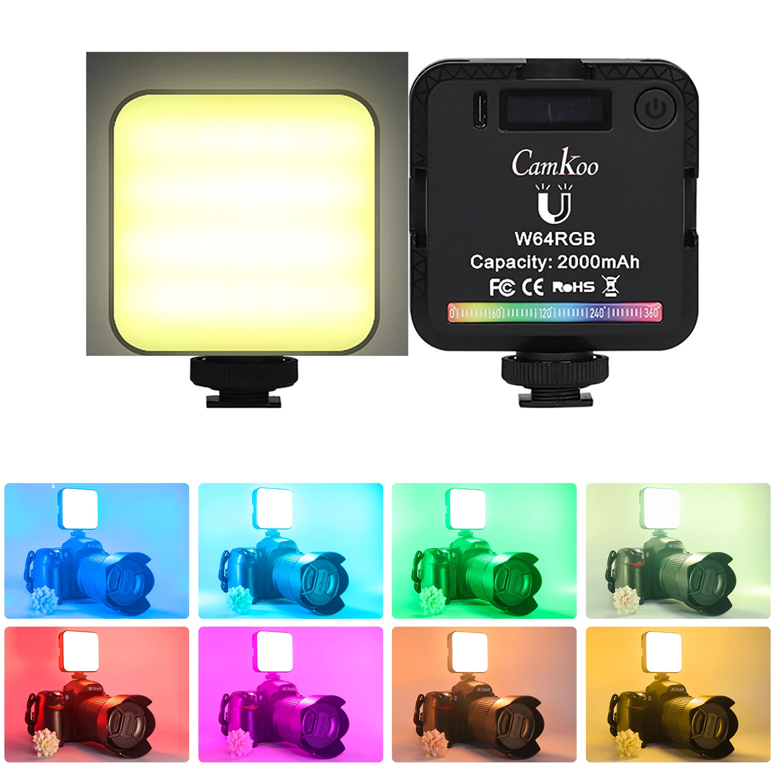 

Camkoo W64RGB Mini RGB LED Video Light Camera Lamp Magnetic with 3 Cold Shoe Photographic Lighting 2000mAh 2500K-9000K 20 Color