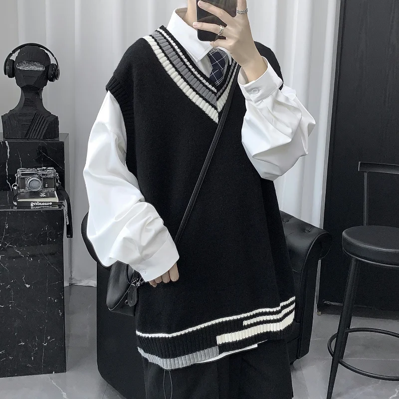 

Oversize Sweater Vests Men Patchwork Preppy Style Couple Soft Knitwear Leisure Hipster Unisex Homme Sleeveless Jumpers All-match