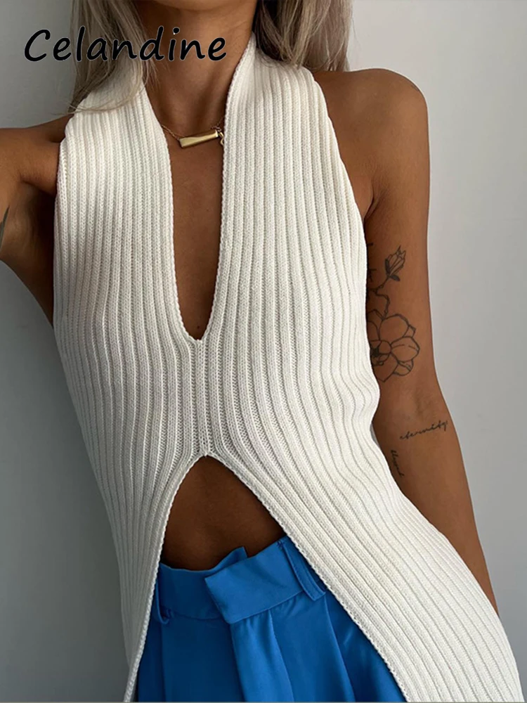 

Летний вязаный свитер Celandine, жилет, Женская майка без рукавов, футболка с V-образным вырезом Y2K, сексуальный шикарный белый базовый Повседнев...