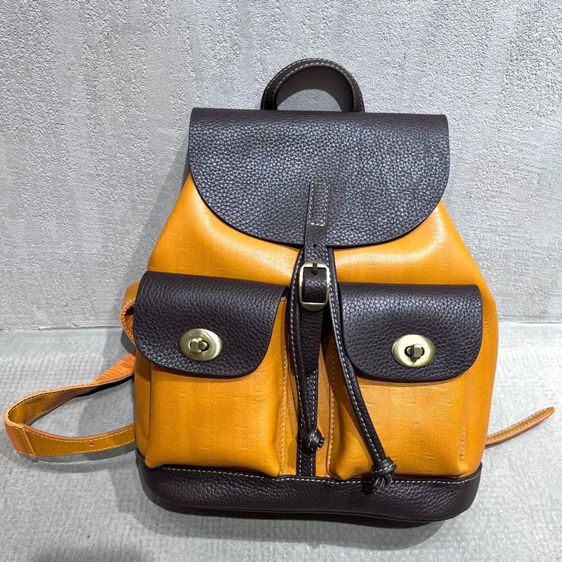 

Vintge Genuine Leather Backpacks For Women 2022 New Trend Contrast Color Flap School Bags Multi Pockets Travel Shoulder Knapsack