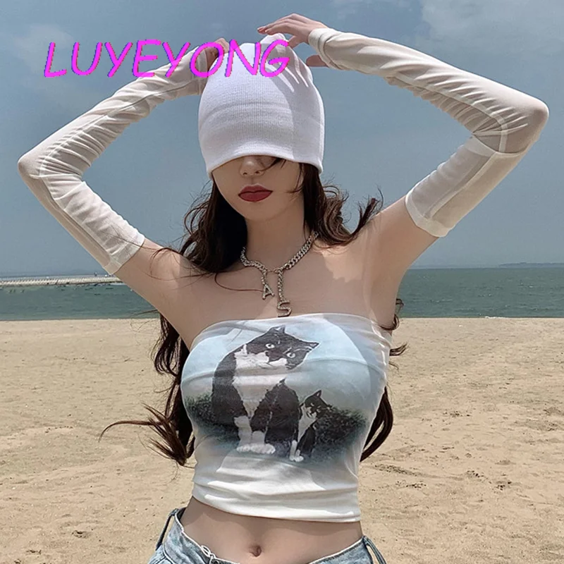 

Корейский пикантный укороченный топ Y2k для девушек, эластичные красивые топы с кошками, Милые Японские Женские Короткие топы без бретелек с мультяшным принтом и длинной перчаткой